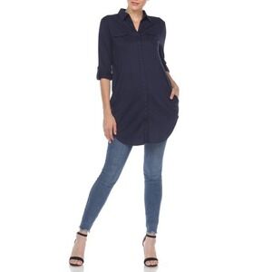 Basic Black Lakota Stretchy Button Down Long Sleeve Shirt Dress w Pockets Medium